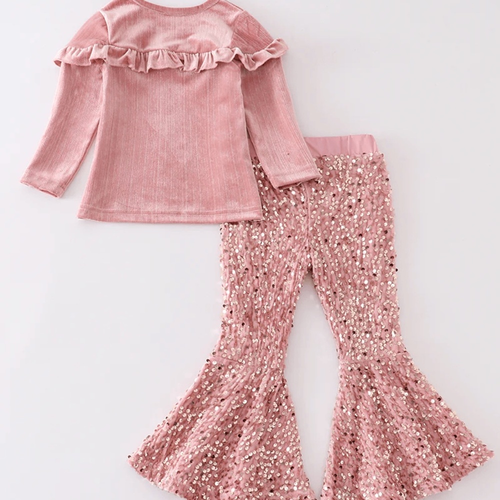 Honeydew Pink velvet sequin bell bottom pants set